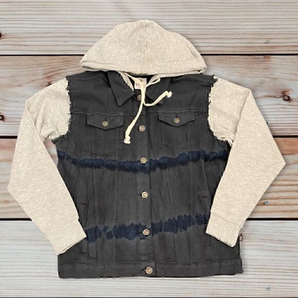 Like Love Navy Tie Dye Denim Jean Jacket Hoodie w/ Heathered Gray Grey Sleeves - Picture 1 of 16